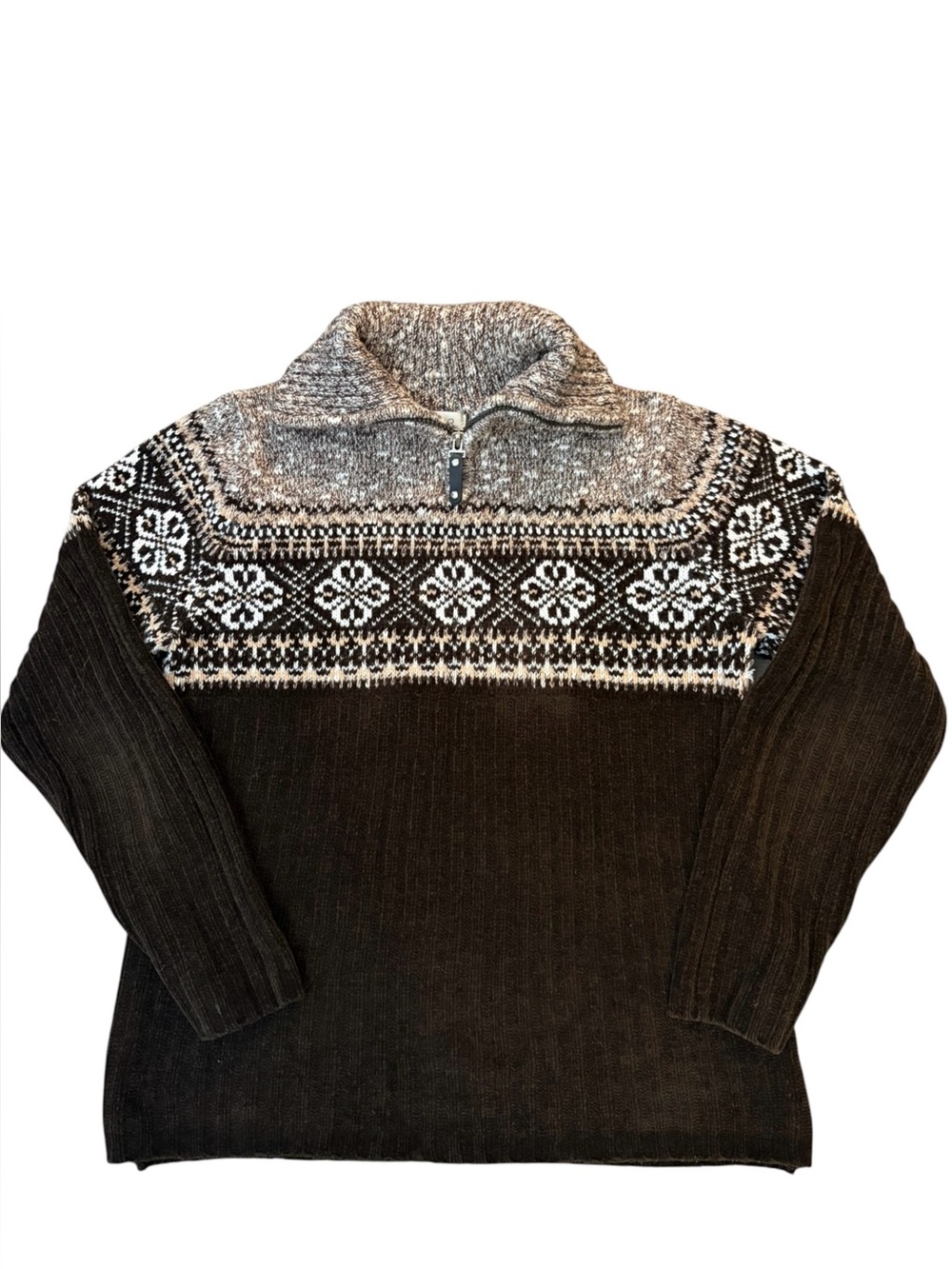 Emily Rose Western Cottage Cowgirl Brown Fair Isle Half-Zip Cowl Sweater Size M
